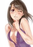  1girl bare_shoulders blush breasts brown_eyes brown_hair center_opening finger_to_mouth irie_(irie-get) large_breasts long_hair looking_at_viewer one_eye_closed original parted_lips shushing simple_background solo upper_body white_background 