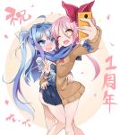  2girls ass blue_hair bow brave_sword_x_blaze_soul cardigan dress fang hair_bow heart heart-shaped_pupils highres hug long_hair long_sleeves matuken1027 multiple_girls one_eye_closed open_mouth pink_hair ponytail scarf shared_scarf skirt skirt_lift smile sweatdrop sweater symbol-shaped_pupils taking_picture twintails v yellow_eyes 