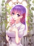  1girl backlighting bangs black_ribbon blurry breast_suppress depth_of_field eyebrows eyebrows_visible_through_hair fate/stay_night fate_(series) flower hair_between_eyes hair_ribbon holding holding_flower light_particles looking_at_viewer matou_sakura meaomao plant puffy_short_sleeves puffy_sleeves purple_hair red_lips red_ribbon ribbon short_sleeves solo upper_body vines violet_eyes 