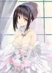  1girl bare_shoulders black_hair bouquet breasts cleavage collarbone curtains date_a_live dress elbow_gloves flower gloves heterochromia holding holding_bouquet holding_flower large_breasts long_hair looking_at_viewer pink_rose red_eyes rose signature smile solo tokisaki_kurumi toyozero upper_body veil wedding_dress white_gloves window yellow_eyes 