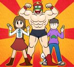  1girl 2boys blue_ribbon braid brothers brown_hair chorus_man chourus_kid flexing freckles heart heart_in_mouth juushimatsu&#039;s_girlfriend long_skirt luchador_mask matsuno_ichimatsu matsuno_juushimatsu microphone minna_no_rhythm_tengoku multiple_boys muscle nintendo osomatsu-kun osomatsu-san parody pose rhythm_tengoku ribbon sandals show_chiku-by siblings skirt studio_pierrot style_parody sunburst wrestling_outfit 