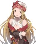  1girl bare_shoulders blonde_hair blush bow breasts brown_eyes cleavage crossed_arms diola_(granblue_fantasy) granblue_fantasy hanarito hat hat_bow long_hair looking_at_viewer open_mouth solo white_background yellow_eyes 