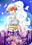  1girl breasts bun_cover cleavage cosplay detached_sleeves final_fantasy final_fantasy_x gintama japanese_clothes jewelry kagura_(gintama) necklace orange_hair short_hair smile solo yuna_(ff10) 