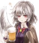  1girl absurdres alcohol angel_wings beer beer_mug blush bow braid breasts brooch brown_jacket dress french_braid hand_up highres jewelry kishin_sagume long_sleeves looking_to_the_side parted_lips purple_dress raised_eyebrow red_eyes short_hair silver_hair simple_background single_wing solo thkani tipsy touhou upper_body white_background white_wings wings 
