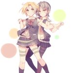  2girls blonde_hair blush bow cis_(carcharias) clenched_teeth dancing eyebrows eyebrows_visible_through_hair gloves green_eyes holding_hands kantai_collection kneehighs long_hair maikaze_(kantai_collection) miniskirt multiple_girls necktie nowaki_(kantai_collection) pantyhose pleated_skirt school_uniform short_hair silver_hair sketch skirt smile teeth vest 
