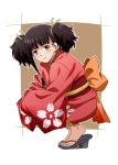  1girl black_hair brown_eyes japanese_clothes kimono koutetsujou_no_kabaneri kurohane mumei_(kabaneri) obi sash short_kimono solo twintails 