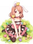  ... 1girl animal_ears bare_arms bare_shoulders bird black_legwear breasts brown_hair bunny_print bunny_tail chick cleavage collarbone easter_egg hatching looking_at_viewer maki_(natoriumu) original rabbit_ears red_eyes shirt sitting skirt sleeveless solo tail thigh-highs thighs too_many too_many_chicks v_arms wariza zettai_ryouiki 