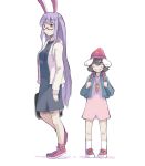  2girls alternate_costume animal_ears backpack bag bangs bespectacled blue_dress blue_jacket blush_stickers breasts brown_hair bunny_tail dress glasses grin hair_between_eyes heiya inaba_tewi jacket legs long_hair looking_at_viewer multiple_girls pink_dress purple_hair rabbit_ears red_shoes reisen_udongein_inaba semi-rimless_glasses shiny shiny_hair shoes short_hair sidelocks simple_background skull_cap smile socks standing suitcase tail touhou under-rim_glasses very_long_hair walking white_background white_jacket white_legwear 