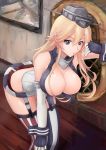  1girl absurdres black_eyes blonde_hair breasts cleavage elbow_gloves fingerless_gloves garter_straps gloves haneori highres iowa_(kantai_collection) kantai_collection leaning_forward long_hair star star-shaped_pupils symbol-shaped_pupils thigh-highs 
