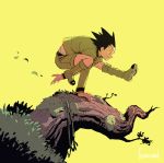  1boy black_hair boots feriowind from_side full_body gon_freecss green_boots hunter_x_hunter jacket jumping leaf male_focus parkour shorts solo spiky_hair tree_branch 