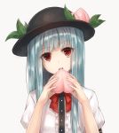  bangs blue_hair eating food fruit hat head_tilt hinanawi_tenshi long_hair looking_at_viewer munuu peach puffy_short_sleeves puffy_sleeves red_eyes shirt short_sleeves simple_background touhou upper_body white_background white_shirt 