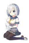  1girl absurdres black_legwear blue_eyes breasts buttons eyes_visible_through_hair ginon_(sjyh3466) gloves grey_skirt hair_ornament hair_over_one_eye hairclip hamakaze_(kantai_collection) highres holding_paper kantai_collection large_breasts looking_at_viewer mirror_image neckerchief pantyhose paper pleated_skirt revision school_uniform serafuku shoes short_hair short_sleeves silver_hair simple_background sitting skirt smile solo wariza white_background white_gloves 