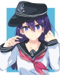  &gt;:d 1girl :d akatsuki_(kantai_collection) anchor_symbol black_hat blue_background blush border collarbone fingernails flat_cap grin hair_between_eyes hat highres kantai_collection long_fingernails long_hair long_sleeves neckerchief open_mouth purple_hair red_ribbon ribbon sailor_collar school_uniform serafuku simple_background smile solo teeth violet_eyes white_border 