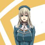  1girl atago_(kantai_collection) beret blonde_hair breasts brown_background green_eyes hat kantai_collection kunori_(tui0000) large_breasts long_hair long_sleeves looking_at_viewer military military_uniform open_mouth simple_background sketch solo taut_clothes uniform upper_body white_background 