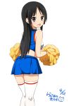  1girl :o akiyama_mio bangs black_hair blunt_bangs blush breasts cheerleader from_behind grey_eyes k-on! long_hair looking_at_viewer looking_back midriff open_mouth pom_poms ragho_no_erika simple_background skirt solo tears thigh-highs white_background white_legwear 