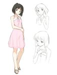 1girl bangs bare_shoulders black_hair blunt_bangs blush denchuubou dress full_body looking_at_viewer new_horizon official_art okada_yumi pink_dress sandals short_hair simple_background solo upper_body white_background 