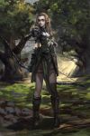  1girl absurdres armor arrow baka_(mh6516620) belt blonde_hair boots bow braid breasts cleavage elf facial_mark forest gorget green_eyes highres light_rays lips long_hair nature pointy_ears quiver skull solo spaulders thigh_strap tree 