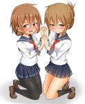  2girls :d baretto_(karasi07) black_legwear blush brown_eyes brown_hair folded_ponytail hair_ornament hairclip highres ikazuchi_(kantai_collection) inazuma_(kantai_collection) kantai_collection kneehighs loafers long_sleeves looking_at_viewer multiple_girls neckerchief open_mouth pleated_skirt sailor_collar school_uniform serafuku shoes short_hair simple_background skirt smile symmetrical_hand_pose thigh-highs white_background 