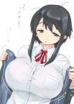  1girl black_hair bouncing_breasts breasts female green_eyes highres large_breasts long_hair man_(man-room) original sawada_manami school_uniform simple_background solo translation_request white_background 