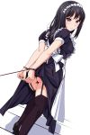  1girl arms_behind_back ass black_hair blush cuffs garter_straps highres long_hair looking_back maid matsunaga_kouyou original shackles solo thigh-highs 