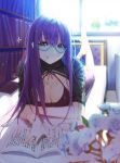 1girl :p bangle barefoot blue_eyes blurry book bracelet breasts cleavage depth_of_field flower glasses jewelry long_hair looking_at_viewer lying mingou91 mole mole_on_breast mole_under_mouth on_stomach original purple_hair ring semi-rimless_glasses solo tongue tongue_out 