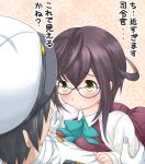  1girl admiral_(kantai_collection) blue-framed_glasses glasses green_eyes hat jack_(slaintheva) kantai_collection military military_uniform naval_uniform okinami_(kantai_collection) peaked_cap school_uniform short_hair translation_request uniform 