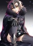  1girl armor armored_boots bangs belt black_legwear blonde_hair blurry boots cape chain convenient_leg depth_of_field eyebrows eyebrows_visible_through_hair fate/grand_order fate_(series) fringe gauntlets gradient gradient_background grin hand_on_own_knee head_tilt highres light_particles long_sleeves looking_at_viewer murakami_yuichi ruler_(fate/grand_order) short_hair sitting smile solo thigh-highs upskirt yellow_eyes 