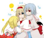  3girls alice_margatroid bat_wings blonde_hair blue_dress blue_eyes blue_hair capelet closed_eyes dress fang flandre_scarlet girl_sandwich grin hairband hug hug_from_behind lavender_dress lolita_hairband multiple_girls no_hat open_clothes open_shirt puffy_short_sleeves puffy_sleeves red_dress red_eyes remilia_scarlet sandwiched shirt short_sleeves siblings side_ponytail silver_hair sisters smile touhou wings yuuta_(monochrome) 