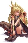  1girl black_legwear blonde_hair boots bracelet cagliostro_(granblue_fantasy) capelet crown granblue_fantasy highres indian_style jewelry knee_boots kurione_(zassou) leg_hug long_hair looking_at_viewer pink_eyes shirt sitting skirt solo thigh-highs very_long_hair 