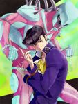  1boy :o anchor_symbol black_hair blue_eyes crazy_diamond dice earrings from_side gakuran higashikata_jousuke jewelry jojo_no_kimyou_na_bouken joka_(night_gate) male_focus peace_symbol school_uniform stand_(jojo) 