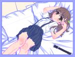  1girl aoi_kumiko blush brown_eyes brown_hair flat_chest flute hair_ornament hair_ribbon instrument long_hair looking_at_viewer lying on_back original pleated_skirt ribbon school_uniform shirt short_sleeves sketch skirt smile solo suspenders two_side_up white_shirt 