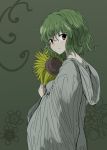  alternate_costume dress eyebrows eyebrows_visible_through_hair flower gown green_background green_hair holding hood hood_down kazami_yuuka looking_at_viewer oshouyu_tabetai red_eyes simple_background smile sunflower touhou 