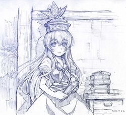  blue_background book dated gradient hat kamishirasawa_keine long_hair monochrome sakino_shingetsu touhou traditional_media 