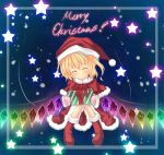  alternate_costume blonde_hair blue_background boots christmas dress flandre_scarlet gift gloves hat kiyomin ponytail rainbow_order red_dress red_eyes santa_costume santa_hat short_hair side_ponytail solo star starry_background touhou wings 