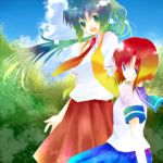  amadukijou amazuki_jou blue_eyes green_eyes green_hair higurashi_no_naku_koro_ni multicolored_hair multiple_girls necktie ponytail redhead ryuuguu_rena school_uniform serafuku short_hair sonozaki_mion 