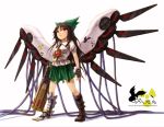  bad_id black_hair bow brown_hair cable fingerless_gloves gloves hair_bow kurione_(pixiv) kurione_(zassou) large_wings logo long_hair mecha_musume mechanical_wings mechanization power_lines radiation_symbol raven_(animal) red_eyes reiuji_utsuho ribbon solo third_eye touhou weapon white_shirt wings 