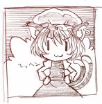  &gt;:3 animal_ears blush_stickers brown cat_ears cat_tail chen earrings hands_on_hips hat jewelry monochrome multiple_tails sakino_shingetsu short_hair tail touhou traditional_media |_| || 