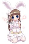  blue_eyes brown_hair bunny_ears child gloves kei_jiei kneeling pantyhose parody rabbit_ears smile 