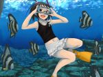  diving_mask fish freediving happy midriff ocean okiru original shirt short_hair skirt underwater wet_clothes 