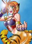  1girl animal_ears ass blush breasts breath_of_fire breath_of_fire_ii bustier cat_ears cat_tail dr.p facial_mark furry gloves green_eyes no_panties no_pants orange_hair pointy_ears redhead rinpoo_chuan short_hair solo staff tail 