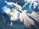  aqua_hair bad_id bare_shoulders gumi lips long_hair lying on_back rebelizm solo sword vocaloid water weapon 