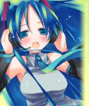  bare_shoulders blush breasts close-up detached_sleeves green_eyes green_hair hair_ribbon hands_on_headphones hatsune_miku headphones headset long_hair mitchie mitsu_king multicolored_hair necktie open_mouth ribbon smile solo two-tone_hair very_long_hair vocaloid 