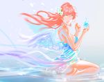  1girl bare_shoulders barefoot blue_eyes dress flower hair_flower hair_ornament liquid_clothes long_hair looking_to_the_side rapa_rachi redhead sitting solo water wings 