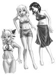  absurdres barefoot bikini cleavage_cutout drill_hair elgala erect_nipples excel excel_saga fang highres hyatt lying midriff monochrome multiple_girls rikudou_koushi see-through sketch swimsuit 