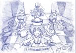  blue drum drum_set hat instrument keyboard keyboard_(instrument) lunasa_prismriver lyrica_prismriver merlin_prismriver microphone monochrome morichika_rinnosuke sakino_shingetsu short_hair speaker touhou trumpet violin 