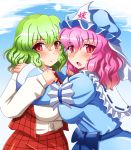  2girls green_hair kazami_yuuka multiple_girls pink_hair plaid plaid_vest red_eyes saigyouji_yuyuko shin&#039;en_(gyokuro_company) short_hair touhou triangular_headpiece 