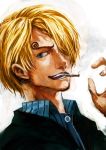  blonde_hair blue_eyes buttons chef cigarette facial_hair formal goatee grin hair_over_one_eye lack male one_piece pirate sanji shirt smile smoking solo striped striped_shirt suit 