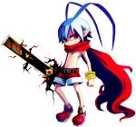  antenna_hair blue_hair disgaea laharl no_shirt red_eyes scarf shorts sword weapon 