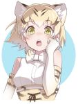  1girl :o animal_ears bare_shoulders blonde_hair blue_background blush bow bowtie cat_ears elbow_gloves extra_ears eyebrows_visible_through_hair gloves hand_on_own_cheek high-waist_skirt highres kemono_friends looking_at_viewer sand_cat_(kemono_friends) sangatsu_(sangatsu_05) shirt short_hair skirt sleeveless solo teeth two-tone_background upper_body white_background white_belt white_shirt yellow_eyes 