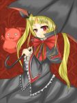  bat blazblue blonde_hair blush dress gii gothic_lolita hair_ribbon kazama0411 kazama0411_(pixiv) lolita_fashion long_hair lowres rachel_alucard red_eyes ribbon twintails umbrella vampire 